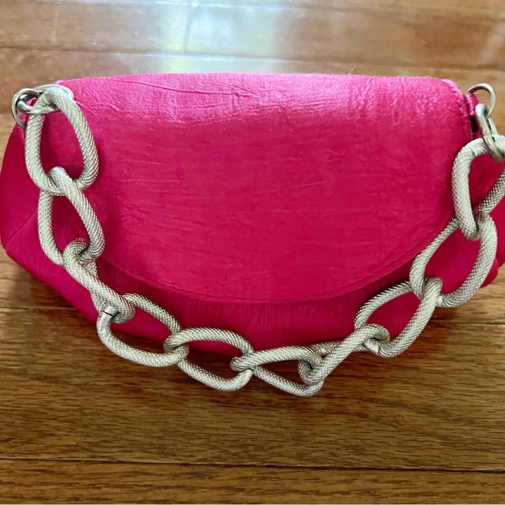 La Regale hot Barbie pink evening bag purse handbag clutch silver handle silk
